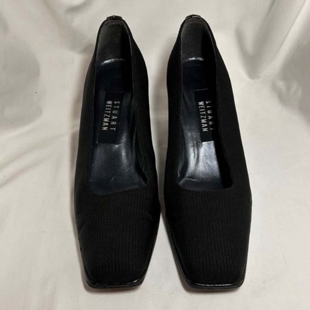STUART WEITZMAN Black Fabric Square Toe Pumps with Black Patent Heels